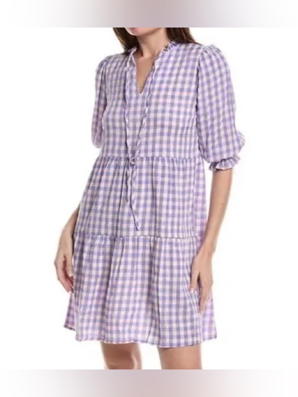 Nanette Lepore Tuckernuck Hyacinth Sz 8/M Purple Gingham Tiered Tie Neck Dress